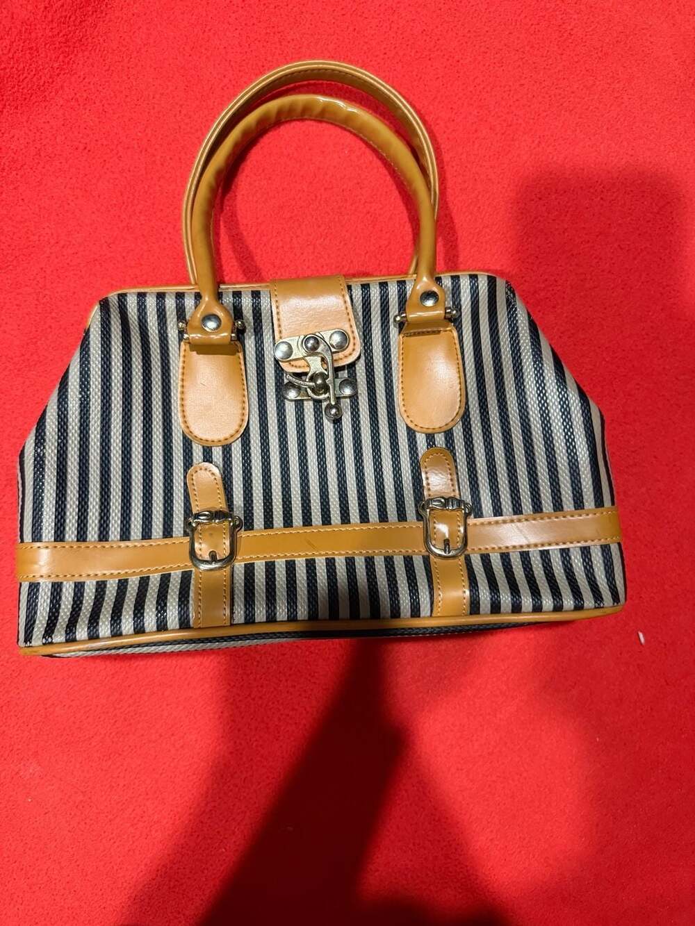 Sydney Love Black and White Striped Satchel with Tan Faux Leather Detailing